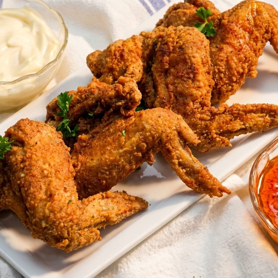 Crispy fried chicken wings on a white platter with bowls of creamy dip and spicy red sauce.
