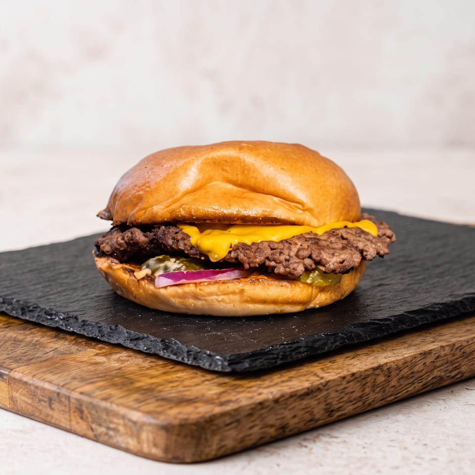 A smash burger with melted cheese, red onion, and pickles on a brioche bun, served on a slate and wood board.