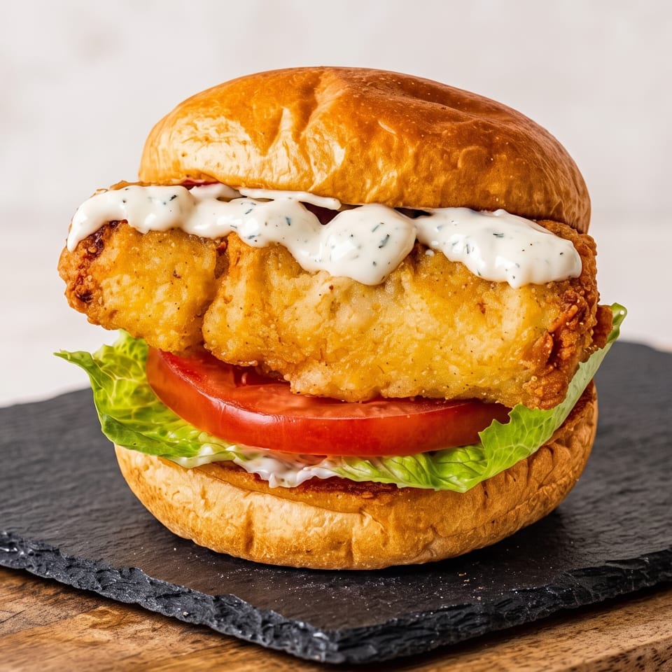 Crispy fried fish sandwich with lettuce, tomato, and tartar sauce on a brioche bun.