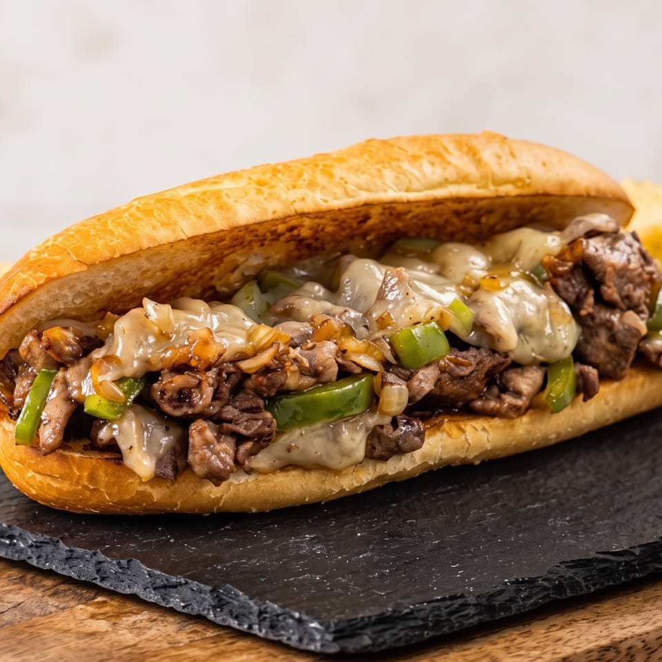 Cheesesteak sandwich with steak, melted cheese, green peppers, and onions, served with chips.