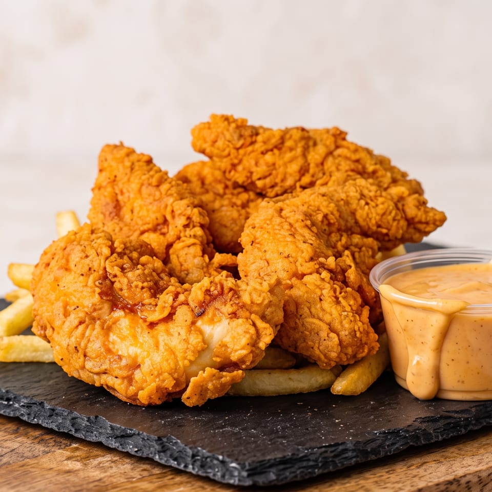 Crispy fried chicken tenders with french fries and a side of dipping sauce on a black slate.