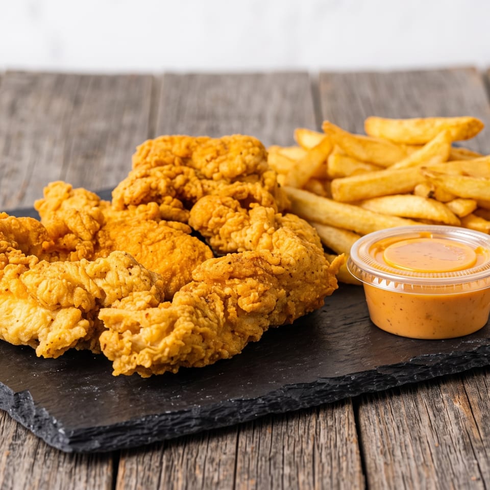 Crispy fried chicken tenders, golden french fries, and a side of dipping sauce on a black slate.