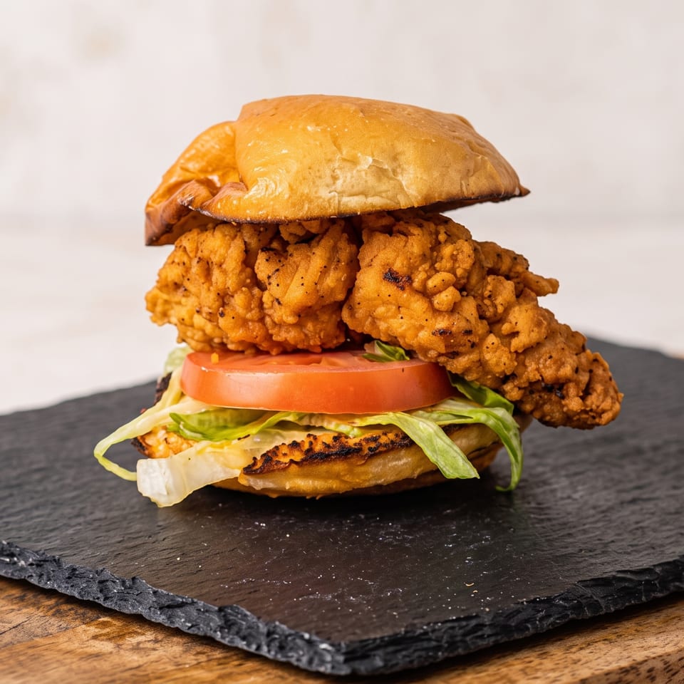 Crispy fried chicken sandwich with lettuce and tomato on a bun, served on a slate board.