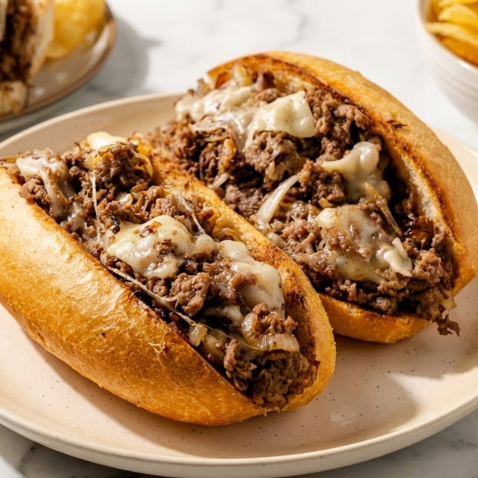 Two cheesy steak and onion sandwiches on a plate, with a bowl of potato chips in the background.